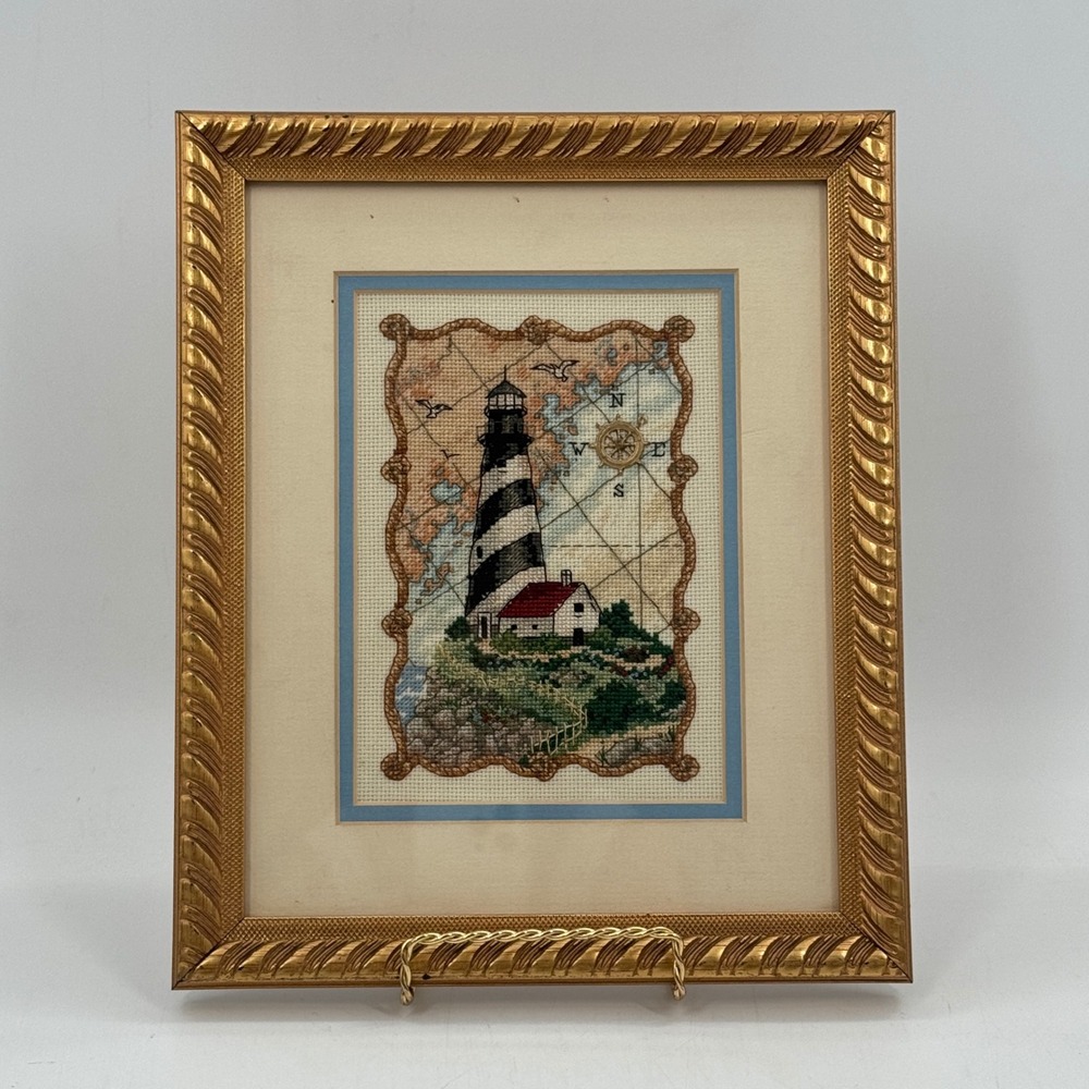 Vintage Lighthouse Nautical Counted Cross Stitch Framed Maritime Needlepoint Art